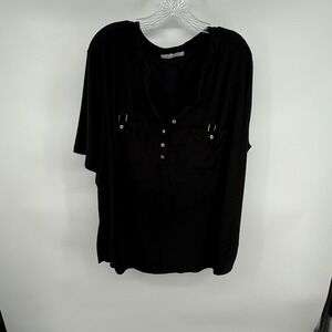 Lynn Ryan Black Plus Size 3X Button Front Roll Tab Sleeve Shirt Top Womens